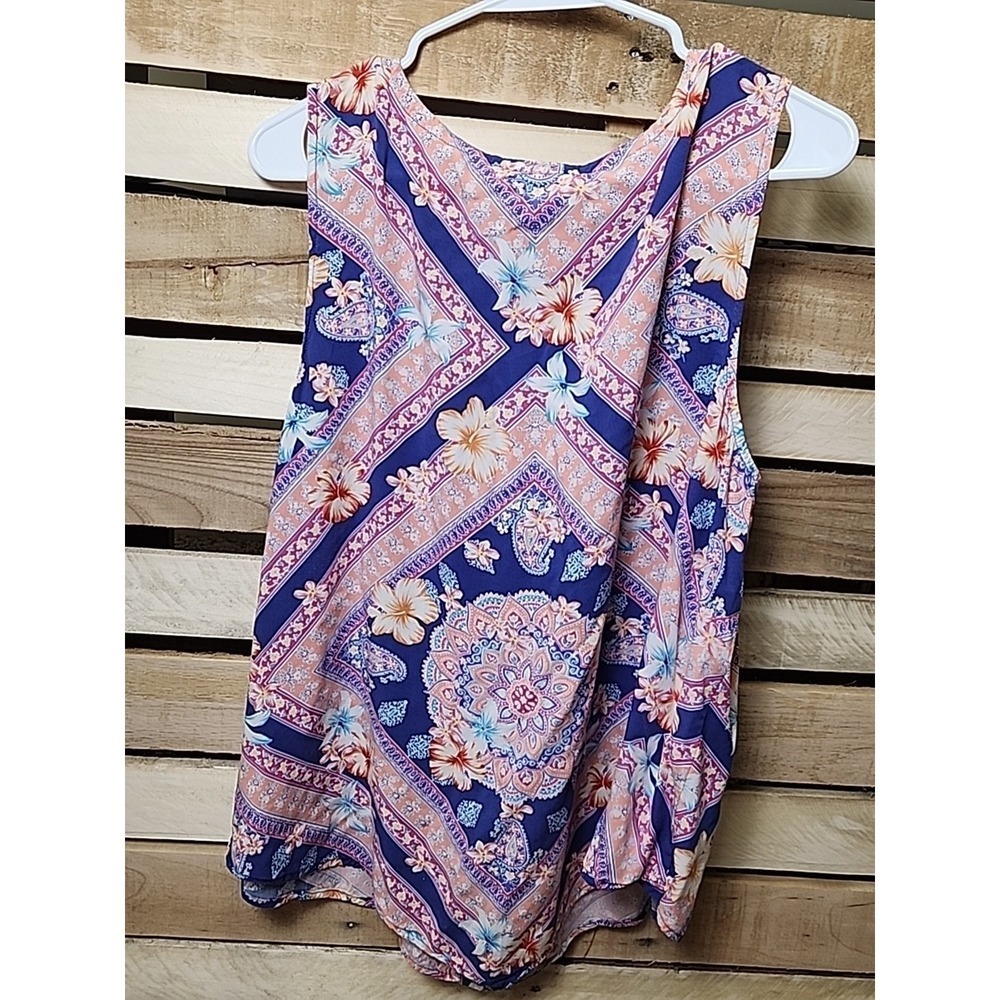 J. Jill Size XL Floral Pink Blue Coral Tie Neck Top Blouse Women - Picture 5 of 9